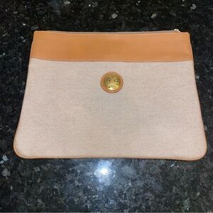 FENDI Tan Gold Emblem Canvas Leather Clutch Bag Vintage Authentic 13x9